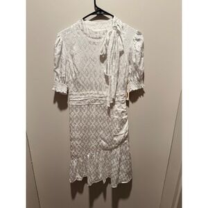 Shoshanna 0 Ivory White Satin Polka Dot Dress Tie‎ Neck Smocked Sleeve